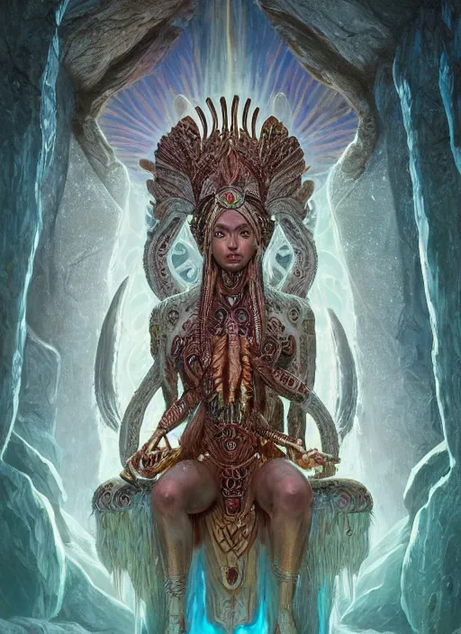 Image similar to hyper realistic photography of intricate symmetric strange aztec alien goddess sitting on opal throne in a crystal cave detailed, greg rutkowski, artstation, cgsociety