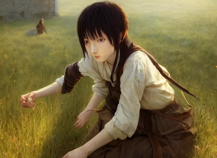 Image similar to lain iwakura from serial experiments lain as medieval peasant in the field in spring wonderful masterpiece highly detailed scifi, beautiful cinematic light deep focus, elegant, digital painting, smooth, sharp focus, golden ratio, dramatic illumination, ultra realistic, 4 k, art by greg rutkowski wlop rossdraws