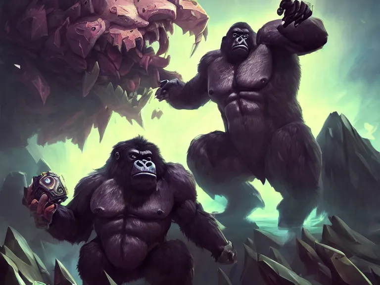 Prompt: portrait of goth gorilla, full body shot, rule of thirds, low angle, action pose, fantastic background landscape, fantasy, sci - fi, league of legends hearthstone splash art, art by chengwei pan and huang guangjian and viktoria gavrilenko and artgerm and greg rutkowski, 8 k, octane, trending on artstation