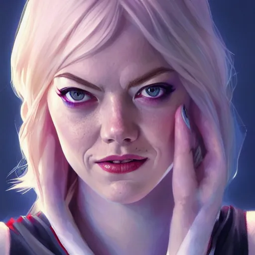 Image similar to beautiful Emma Stone as Spider-Gwen, western, closeup, D&D, fantasy, intricate, elegant, highly detailed, digital painting, artstation, concept art, matte, sharp focus, illustration, art by Artgerm and Greg Rutkowski and Alphonse Mucha