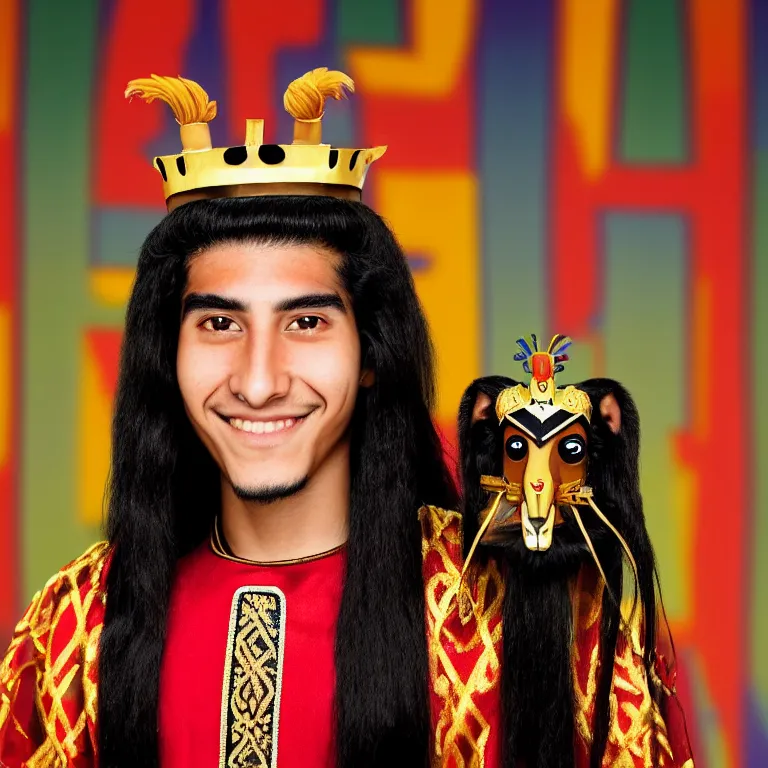 Prompt: A photo of Emperor Kuzco!!!!!!!!!!!!!!!! in his 15s, peruvian looking, with his long black hair, beardless, smiling with confidence, and wearing!!! his emperor clothes. Portrait by Terry Richardson. Golden hour. 8K. UHD. Bokeh.