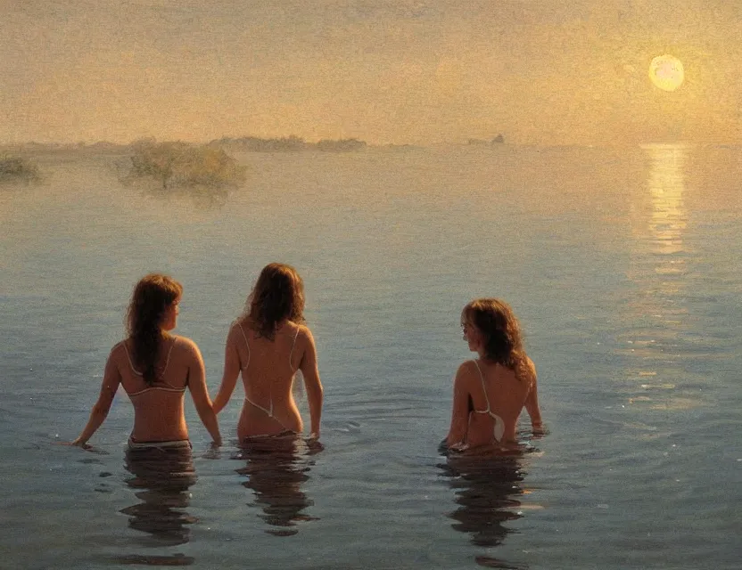 Image similar to Two woman swimming in the lake on a sunset, country style, Cottage core, Cinematic focus, Polaroid photo, vintage, neutral colors, soft lights, foggy, by Steve Hanks, by Serov Valentin, by Andrei Tarkovsky, by Terrence Malick, 8k render, detailed, oil on canvas, wide shot