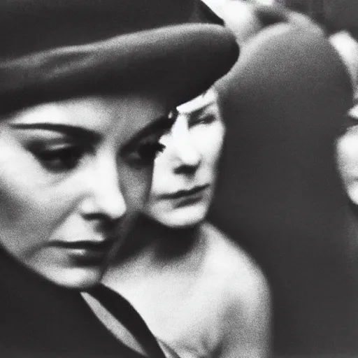 Prompt: still from a masterpiece 1 9 6 0 s french art film, very beautiful and elegant girl in beret with large eyebrows sits in the far background with an angry expression, moody lighting, viewed from afar, cinematic shot, the camera is focused on a crowd of people