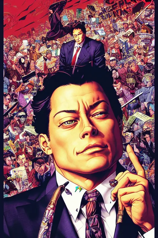 Prompt: poster of jordan belfort, by yoichi hatakenaka, masamune shirow, josan gonzales and dan mumford, ayami kojima, takato yamamoto, barclay shaw, karol bak, yukito kishiro