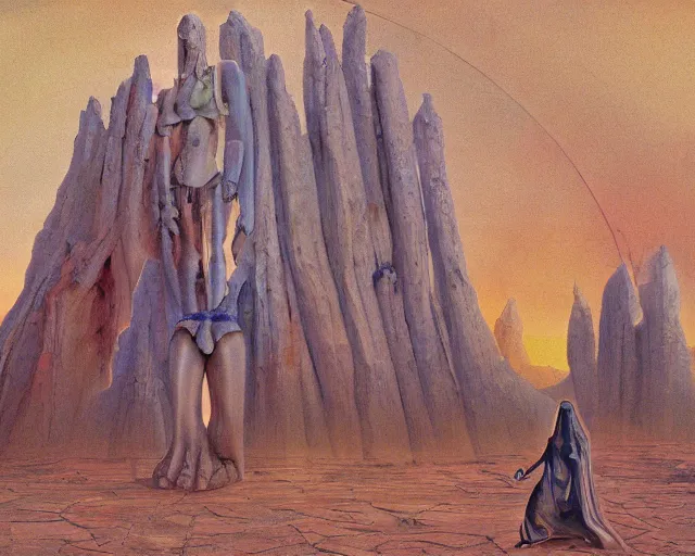 Image similar to strange cyberpunk pagan giant monument in the middle of the desert in the style of dali and bosch and moebius, oil painting