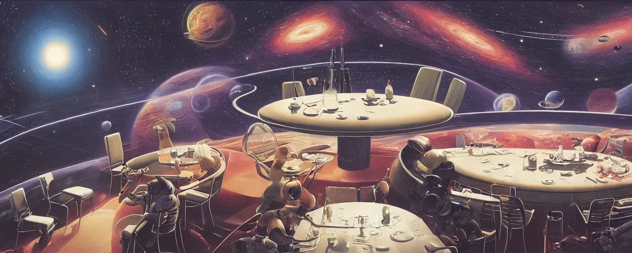 Prompt: a cafeteria table in space by david a. hardy