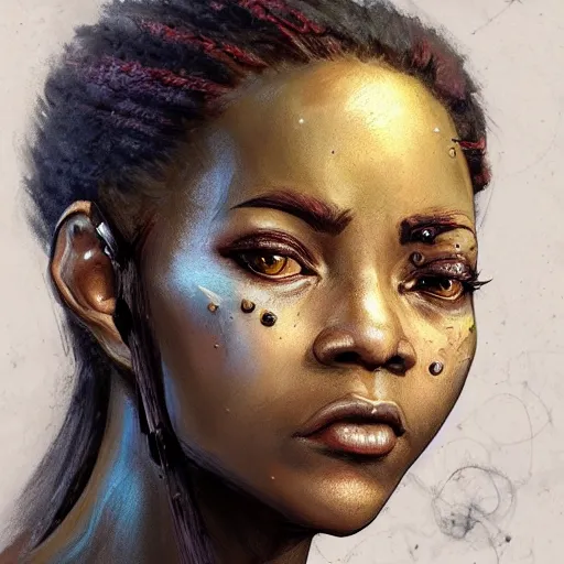 Prompt: beautiful, very strong, african american, female, middle aged, face, no makeup, no tattoos, warrior, battle hardened, head shot, fantasy, highly detailed, digital painting, artstation, concept art, smooth, sharp focus, illustration, art by jodie muir and brom