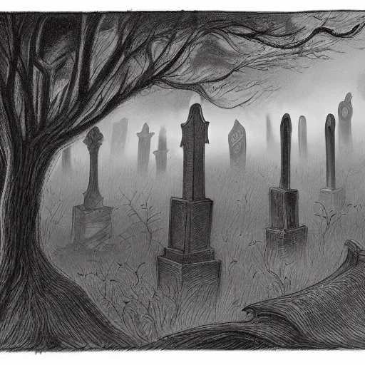 Image similar to an endless eerie graveyard with ancient tombstones, misty, strands of fog, catacomb in background, frame is flanked by dark trees, creepy, night, finely detailed black and white pencil drawing