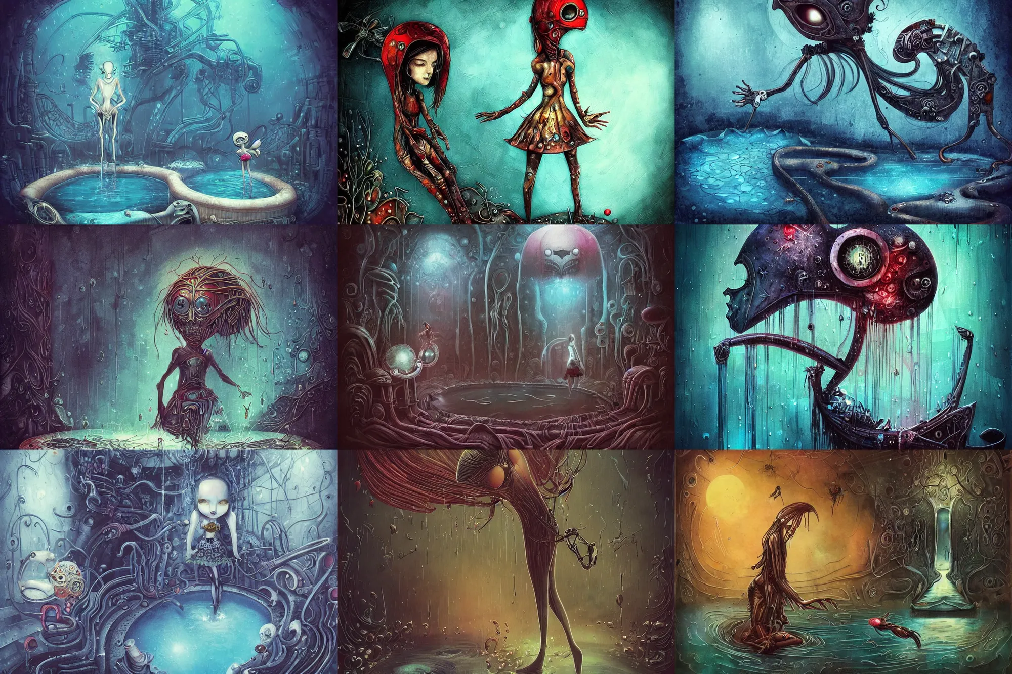 Prompt: Alice falls into a pool and gets wet, biomechanoid, sci-fi, dramatic, art style Megan Duncanson and Benjamin Lacombe, super details, dark dull colors, ornate background, mysterious, eerie, sinister