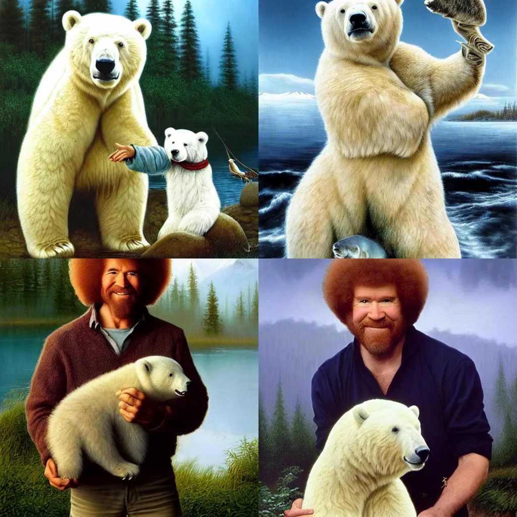 Prompt: Bob Ross holding a giant Polar Bear eating a trout, realistic nature animal photograph by Nick Brandt