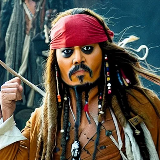 Image similar to donald trump acting next to jack sparrow in the pirates of the caribbean movie