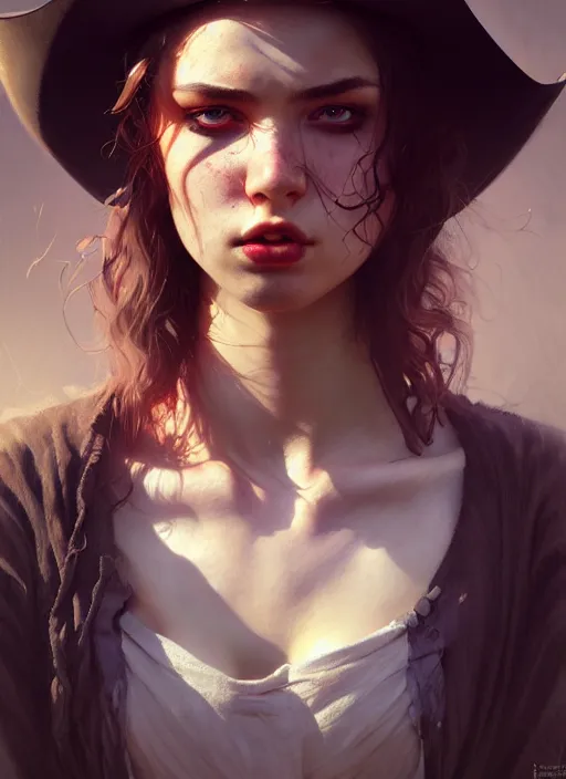 Prompt: young angry woman, beautiful girl, full body, explosive hair, cowboy hat, realistic, serov, surikov, vasnetsov, repin, kramskoi, insanely detailed, charlie bowater, tom bagshaw, high resolution, octane rendered, unreal engine, illustration, trending on artstation, masterpiece, 8 k