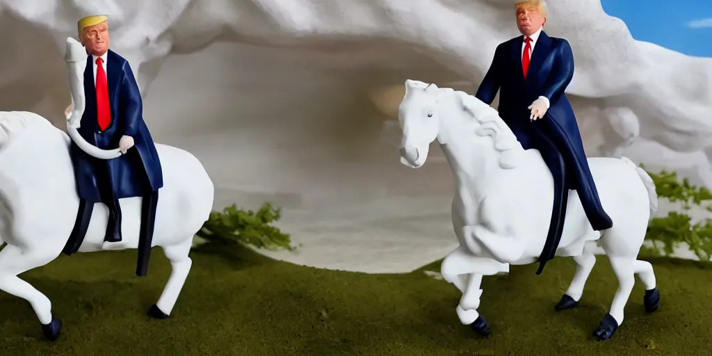 Image similar to Donald Trump riding a white horse, wide lens, diorama, 4k,