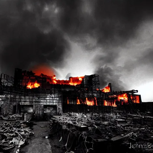 Image similar to hell, engulfed in flames, brutalist, chaos, backlight, rtx, by john constable