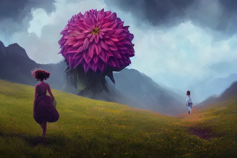 Prompt: giant dahlia flower as a head, girl walking on mountain, surreal photography, stars, dramatic light, impressionist painting, storm clouds, digital painting, artstation, simon stalenhag