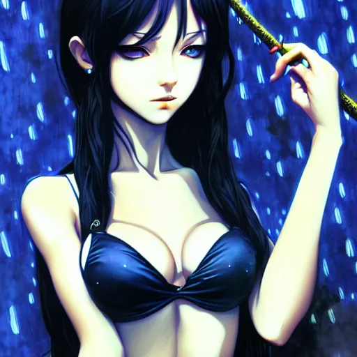 Image similar to beautiful seductive snake - girl, in the rain, highly detailed, painting, dark blue and black color palette, intricate, high quality anime artstyle, in the style of ilya kuvshinov