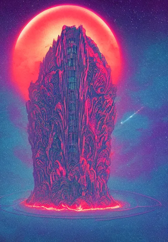 Prompt: a sky view of a massive intrincate chrome alien spaceship emerging from an active volcano, horror, holographic, synthwave color palette, risographic, digital art, 4 k, vintage sci - fi, inspired by moebius, inspired by thimbwhite, inspired by h. r. giger