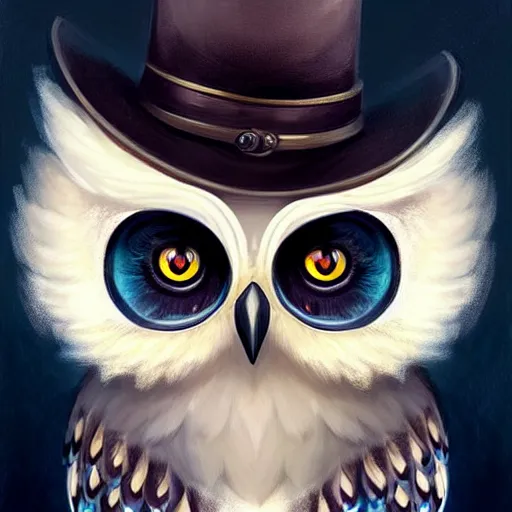 Image similar to Cute portrait of an adorable owl dressed as a magician:: symmetrical face, symmetrical eyes:: in the style of charlie bowater, Disney art:: oil painting::