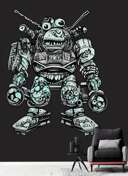 Prompt: beautiful graffiti monsters with a tank turret for arm and black frame door in side on black background paper