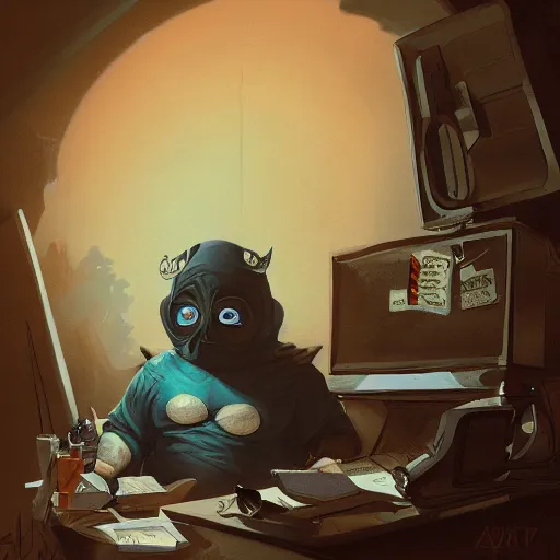 Image similar to a insanely detailed painting of a fat masked superhero wearing a costume sitting at a desk, staring at the nervously at the computer typing, in the style of peter mohrbacher, dramatic lighting and composition, trending on artstation, concept art, comic book