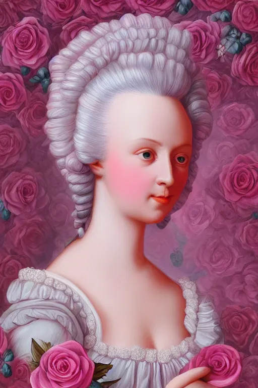 Prompt: beautiful digital painting Marie Antoinette pink roses, by Casey Weldon, trending on artstation, Behance, 4K,