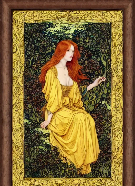 Image similar to masterpiece beautiful seductive flowing curves pose preraphaelite portrait photography, straight bangs, yellow ochre ornate medieval dress, mushroom forest arch, william morris and kilian eng and mucha, framed, 4 k