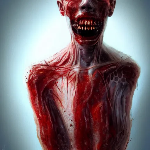 Prompt: a pc made out of flesh, computer made out of human flesh, skin on the gaming pc, personal computer horror, server, electronic, skinned alive, blood, teeth, intricate, highly detailed, digital painting, artstation, concept art, smooth, sharp focus, illustration,