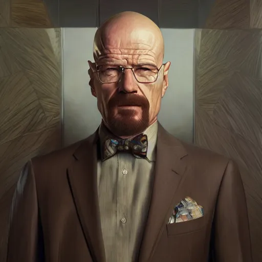 Image similar to walter white in a fancy suit, digital painting, artstation, concept art, donato giancola, Joseph Christian Leyendecker, WLOP, Boris Vallejo, Breathtaking, 8k resolution, extremely detailed, beautiful, establishing shot, artistic, hyperrealistic, beautiful face, octane render, cinematic lighting, dramatic lighting, masterpiece