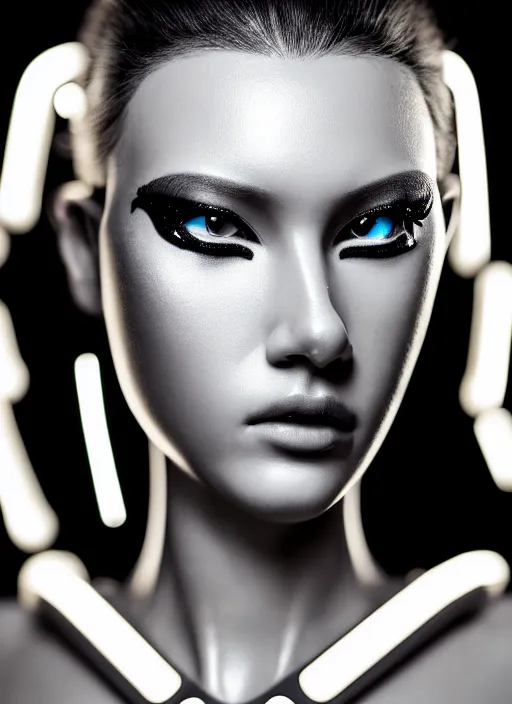 Image similar to a stunning young female cyborg profile face, face is made intricate tribal bio - mechanical, bw, unreal engine, glamor shot, nikon d 7 5 0, closeup, f / 2. 8, low contrast, 1 6 k, rim lighting, optical fiber, cinematic lighting, insanely detailed and intricate, hypermaximalist, elegant, ornate, hyper realistic,