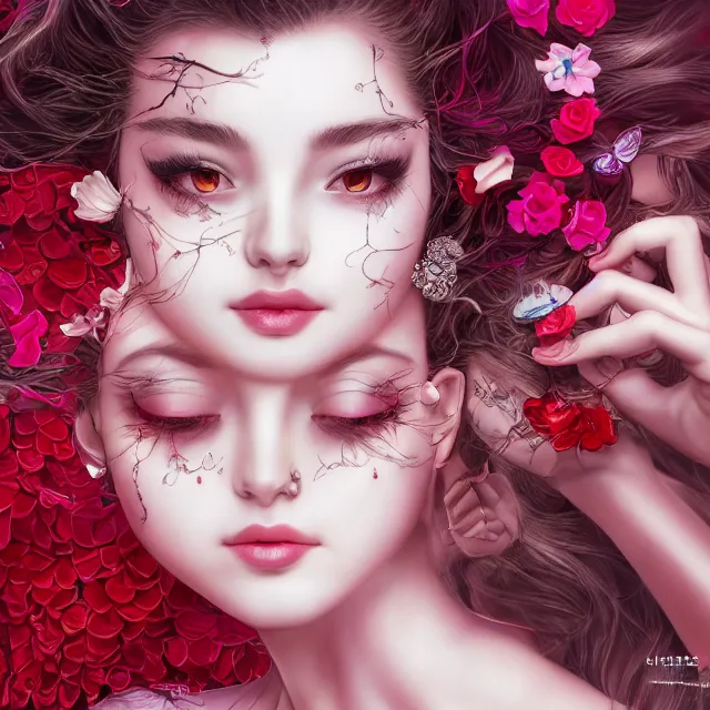 Image similar to an absurdly beautiful, elegant, young hypercolorful sensual gravure idol partially made up of rubies and red petals, ultrafine hyperrealistic detailed face illustration by kim jung gi, irakli nadar, intricate linework, sharp focus, bright colors, matte, octopath traveler, final fantasy, unreal engine highly rendered, global illumination, radiant light, intricate environment