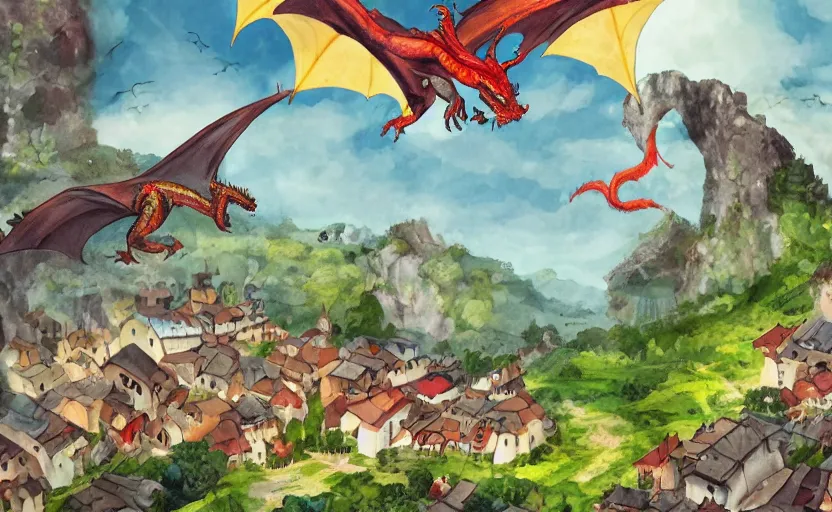 Prompt: dragon flying over a village, storybook, gouache, flat, concept art, lush, sharp focus