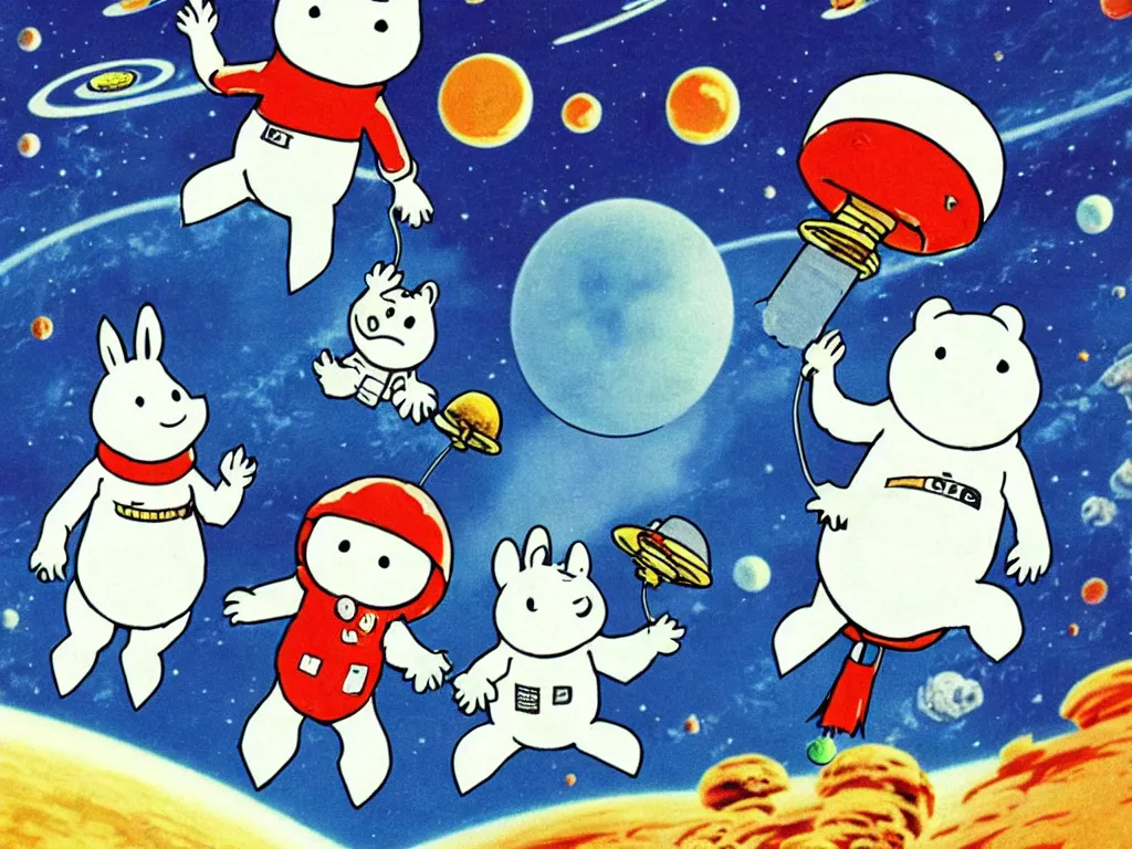 Prompt: moomins in space suits flying around with jetpacks discovering the mushroom planet, very cozy and fluffy and sweet