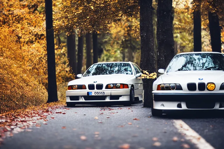 Prompt: A BMW e36 parked in a road with trees, autumn season, Epic photography, taken with a Leica camera, 50 mm, depth of field