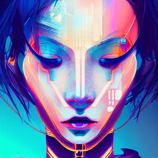 Image similar to a digital painting of a woman with her eyes closed, cyberpunk art by james jean, cgsociety, retrofuturism, anime aesthetic, chromatic, iridescent