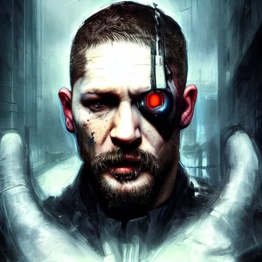 Image similar to tom hardy as henry dorsett case, cyborg, hacker, cyberpunk, painted by seb mckinnon, high detail, dramatic light, digital art, painted by greg rutkowski, promotional movie posterart, trending on artstation