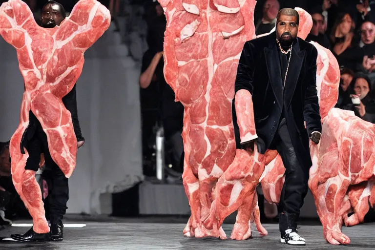 Image similar to kanye west wearing a suit made of meat, full body photograph on runway