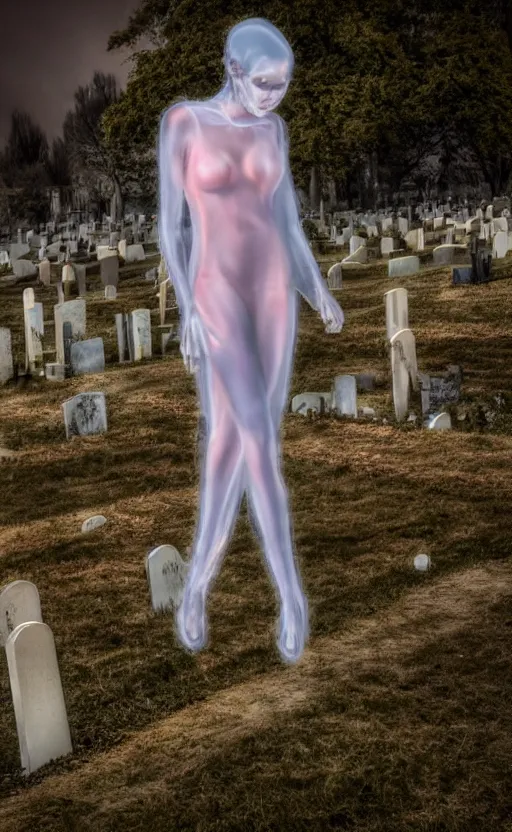 Image similar to a full shot photo of a translucent woman, invisible, streets, ghost, creepy, horror, scary, stressful, caucasian, feminine, nighttime, cemetery, bloody, blood everywhere, very bloody, glow up, realistic, 8 k, hdr, extremely detailed