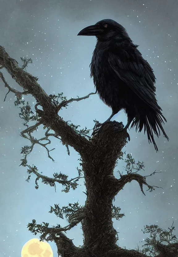 Image similar to crow on tree in front of the full big moon, highly detailed, digital painting, artstation, concept art, smooth, sharp focus, illustration, Unreal Engine 5, 8K, art by artgerm and greg rutkowski and alphonse mucha