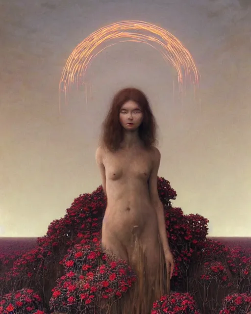 Image similar to A portrait of a woman wearing clothes made out of dying flowers, apocalypse, nuclear explosion in the background, Masterpiece, pure white skin, glowing, wires everywhere, by Edgar Maxence and Ross Tran, Zdzisław Beksiński, and Michael Whelan, distant, gustav dore, H.R. Giger, 8k, octane render