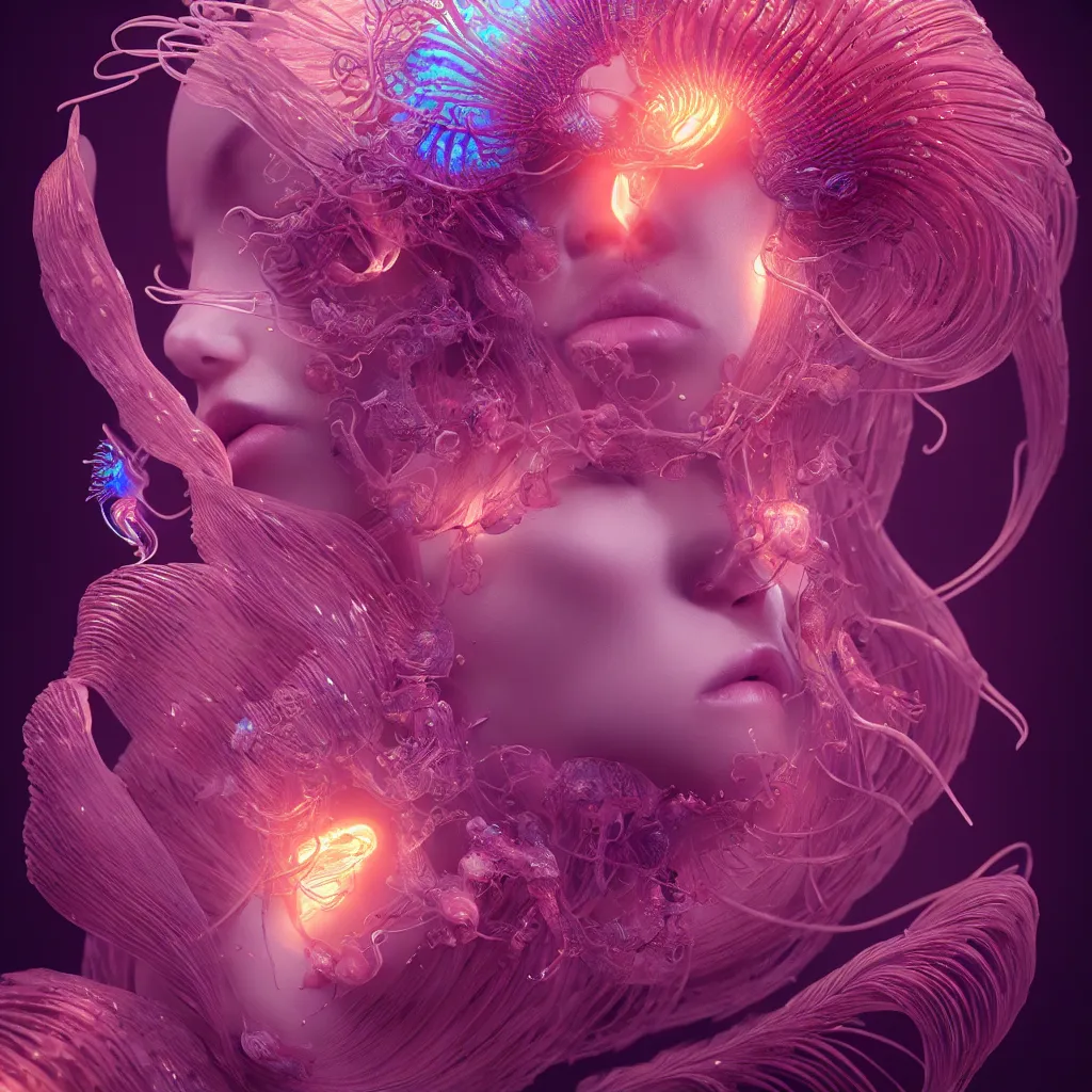 Image similar to goddess close-up portrait. orchid jellyfish phoenix head, nautilus, skull, betta fish, bioluminiscent creatures, intricate artwork by Tooth Wu and wlop and beeple. octane render, trending on artstation, greg rutkowski very coherent symmetrical artwork. cinematic, hyper realism, high detail, octane render, 8k