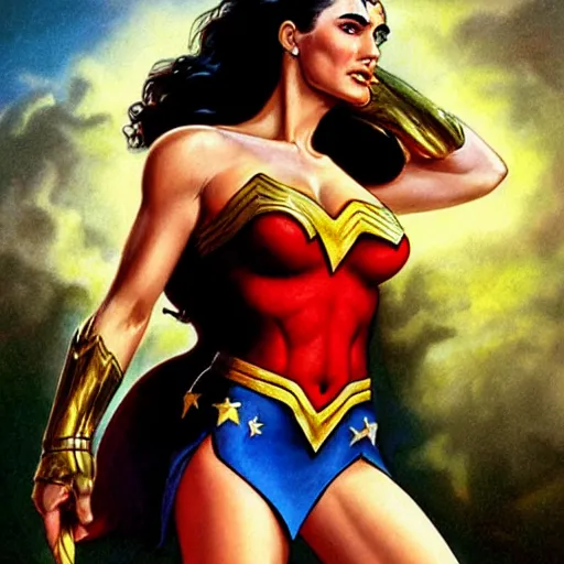 Image similar to A portrait of Jennifer Connelly dressed as wonder woman by Boris Vallejo ,Julie Bell, Brom ,Frank Frazetta , Jeff Easley , cinematic ,high quality