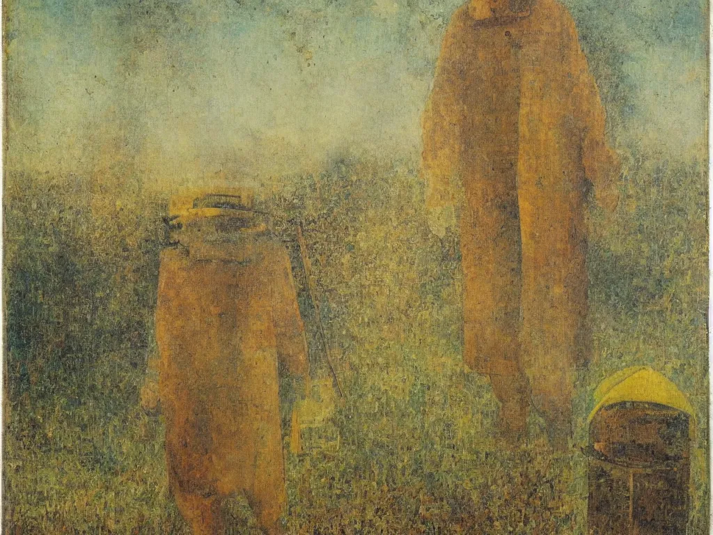 Image similar to painting by mikalojus konstantinas ciurlionis, bosch. portrait of a man in beekeeping suit. landscape with castle