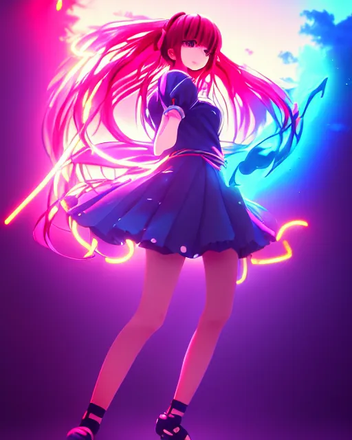 Image similar to anime style, vivid, expressive, full body, 4 k, painting, a cute magical girl idol with a long wavy hair wearing a dress fighting monsters, correct proportions, stunning, realistic light and shadow effects, neon lights, studio ghibly makoto shinkai yuji yamaguchi