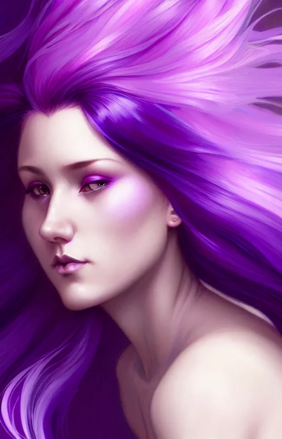 Image similar to Purple hair relistic Portrait of a woman with bright colored flying hair, all shades of purple. Beauty face, Hair coloring, fantasy, intricate, elegant, highly detailed, photorealistic, artstation, concept art, smooth, sharp focus, illustration, art by artgerm and greg rutkowski and alphonse mucha