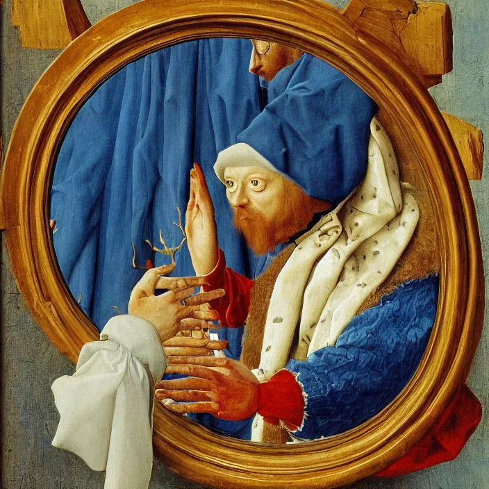 Image similar to blue crab man touching mirror. painting by jan van eyck