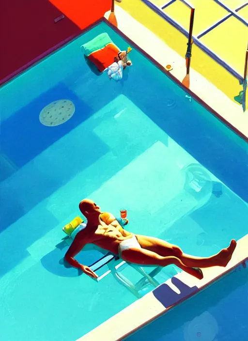 Image similar to an astronaut sunbathing by a pool, isometric, complimentary colors, perfect lighting, aesthetic, masterpiece, award winning, perfect composition, artstation, 4 k, darek zabrocki, greg rutkowski, artgerm