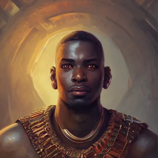 Image similar to clairvoyant african prince, D&D, fantasy warrior, portrait, highly detailed, digital painting, trending on artstation, concept art, sharp focus, illustration, art by artgerm and greg rutkowski and magali villeneuve