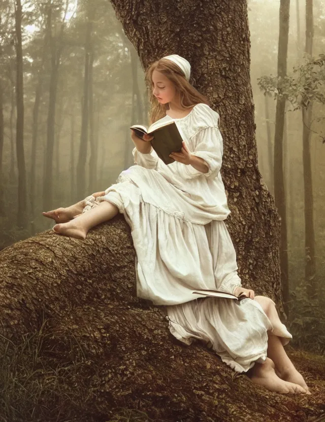 Image similar to peasant Girl in white reading a book sitting on a tree in a foggy forest, Cinematic focus, Polaroid photo, vintage, neutral colors, soft lights, by Steve Hanks, by Serov Valentin, by lisa yuskavage, by Andrei Tarkovsky 8k render, detailed, oil on canvas