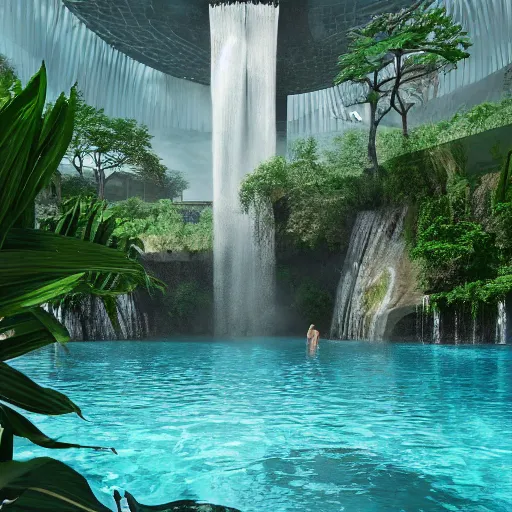 Image similar to a large swimming pool with a waterfall in the middle of it, a digital rendering by ricardo bofill, featured on tumblr, aestheticism, vray, sanctuary, rendered in unreal engine