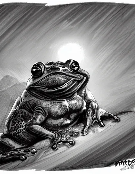 Image similar to a god frog sketch, black and white, artstation, dramatic scenery, masterpiece, aesthetic